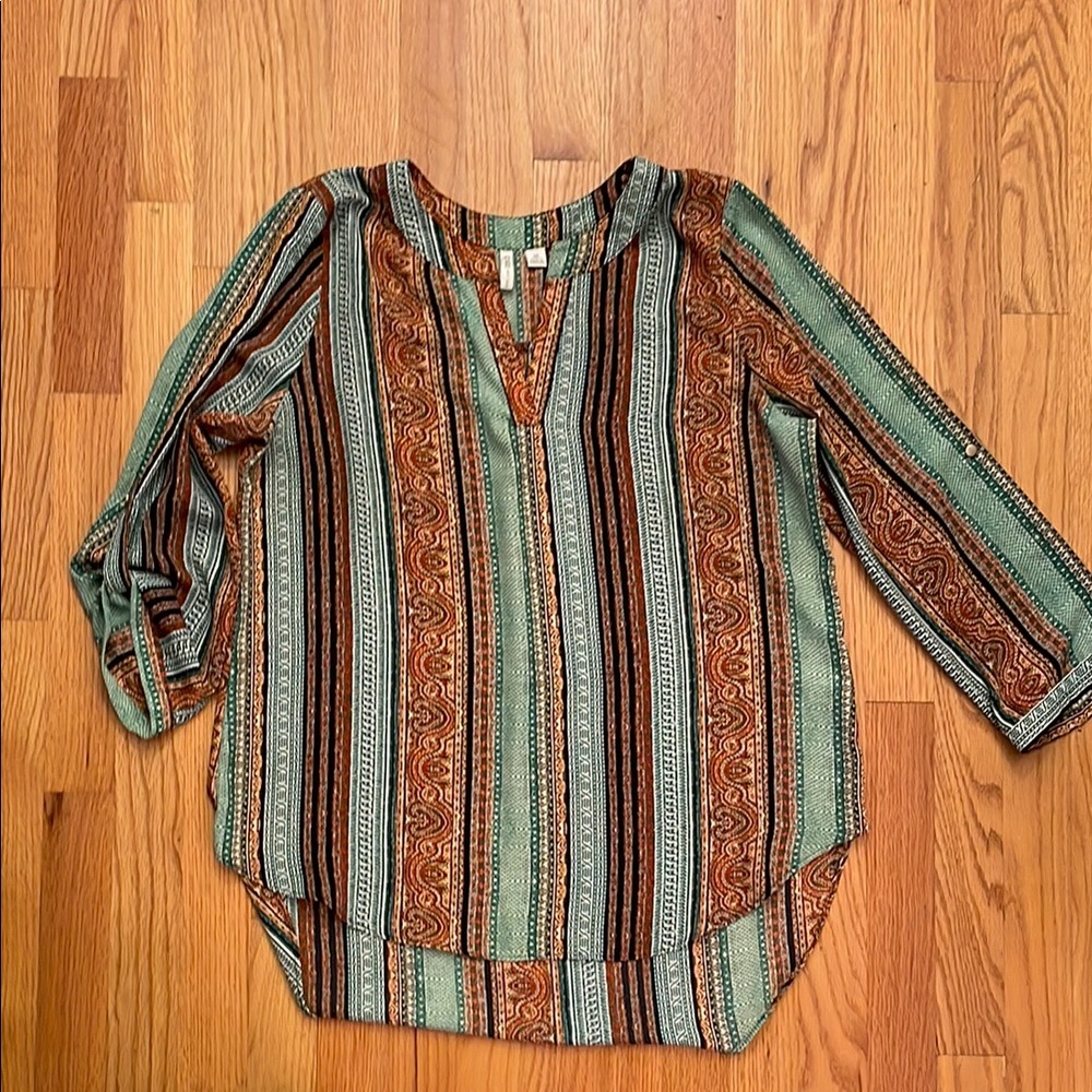 Cato Green and Brown 3/4 Sleeve V-Nexk Blouse